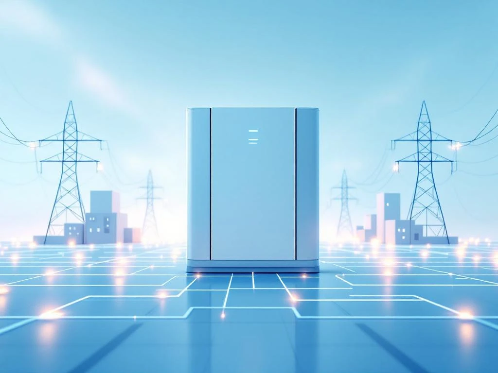 Moderne batterij-eenheid verbonden met elektriciteitsnet, transmissiemasten en woningen via gloeiende stroomlijnen