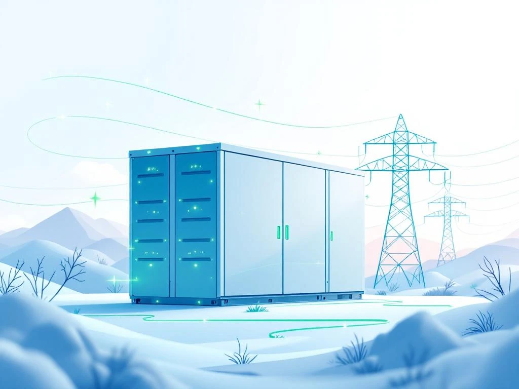 Batterijopslagsysteem met groene verlichting verbonden met elektriciteitsnet en transmissiemasten in moderne stijl