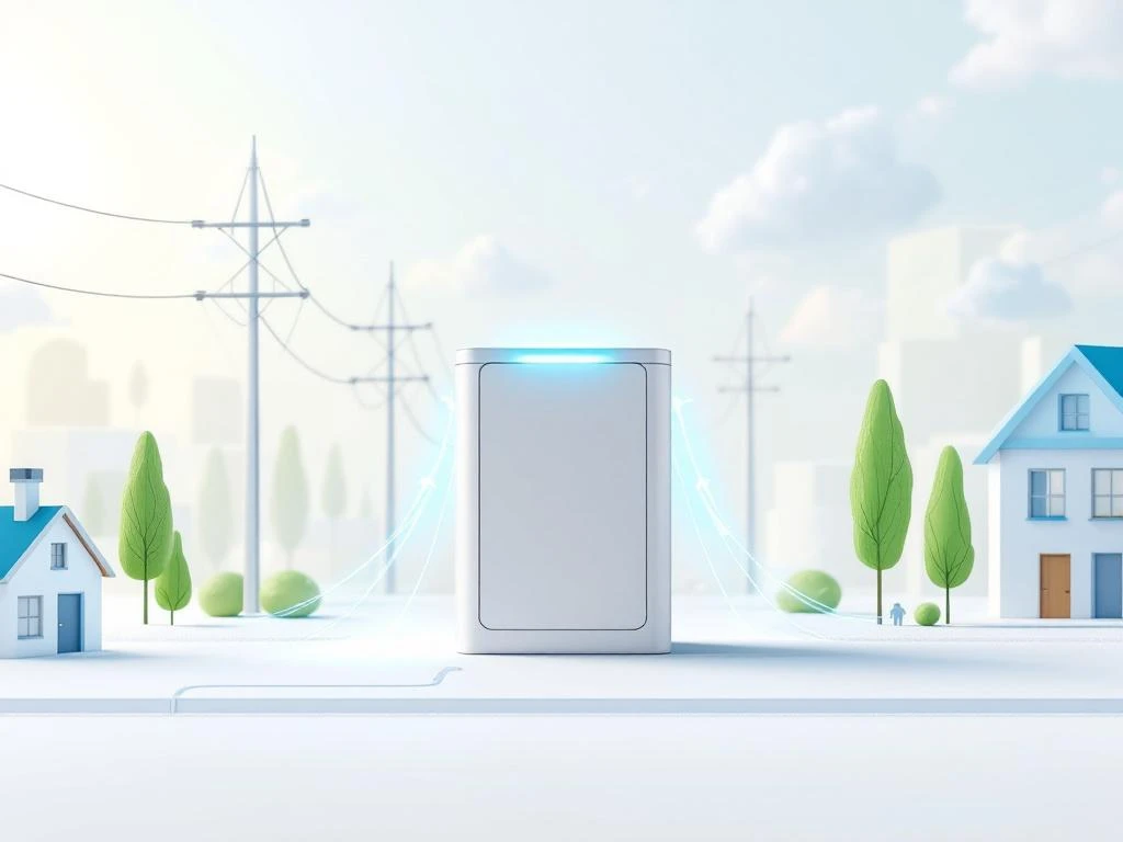Moderne batterijopslagsysteem tussen stroomnet en woningen met blauwe energiestromen in minimalistische stijl