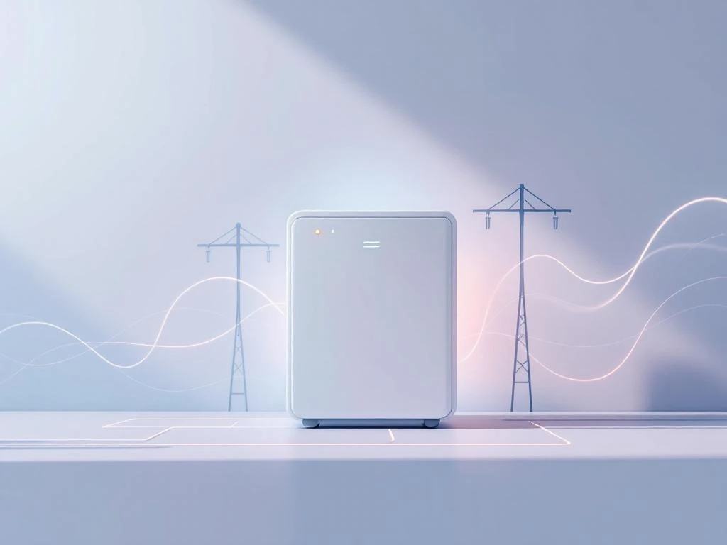 Moderne batterijopslagsysteem met LED-indicatoren verbonden aan stroomnet, minimalistische illustratie in blauw-witte tinten