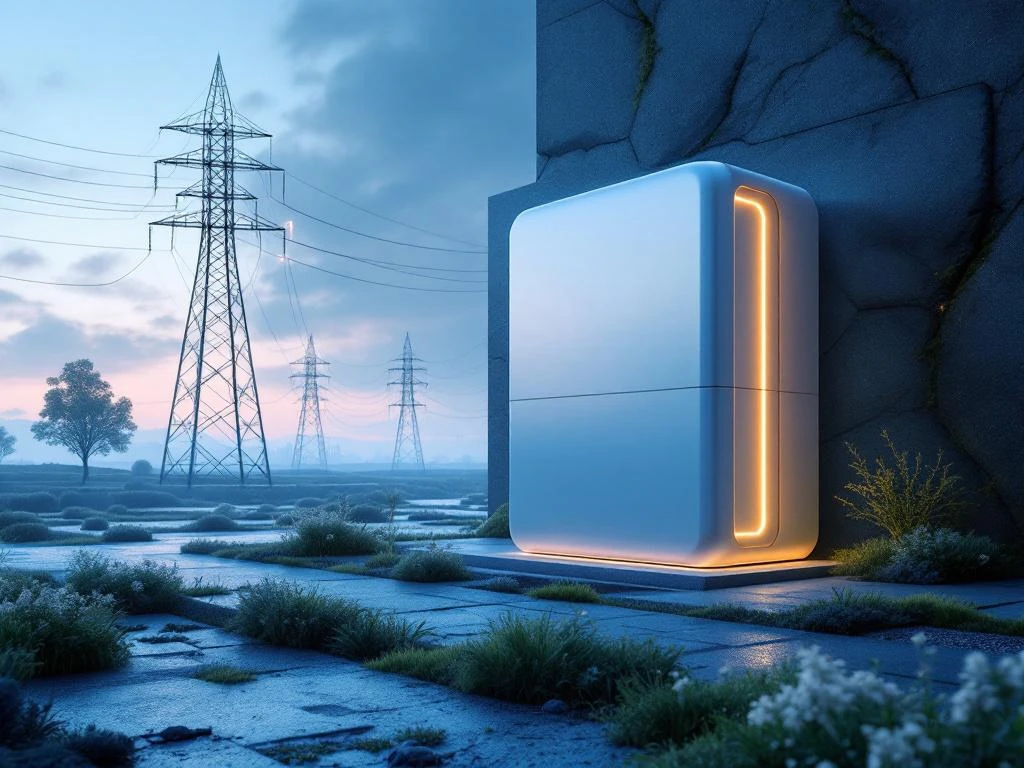 Moderne batterijsysteem in lichtblauw en wit naast elektriciteitsmasten, met energie-effecten die stroomlijnen stabiliseren