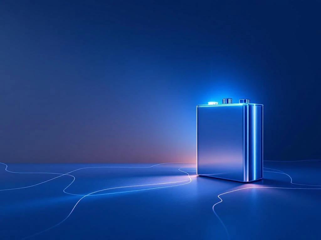 Modern batterijsysteem verbonden met elektriciteitsnet in minimalistische blauwe en grijze illustratie