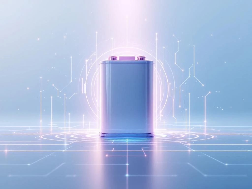 Moderne batterijsysteem kubus in lichtgrijs en blauw met gloeiende energielijnen op geometrische netwerkachtergrond