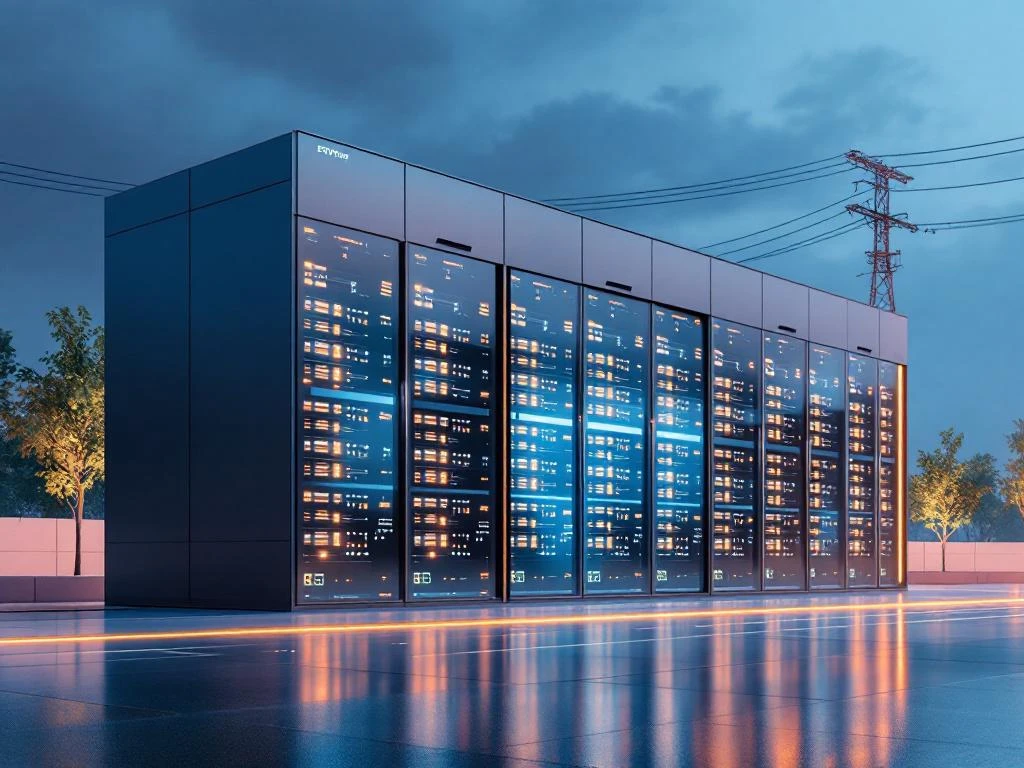 Datacenter met batterijopslag en visuele indicatoren van netwerkcongestie in minimalistische stijl