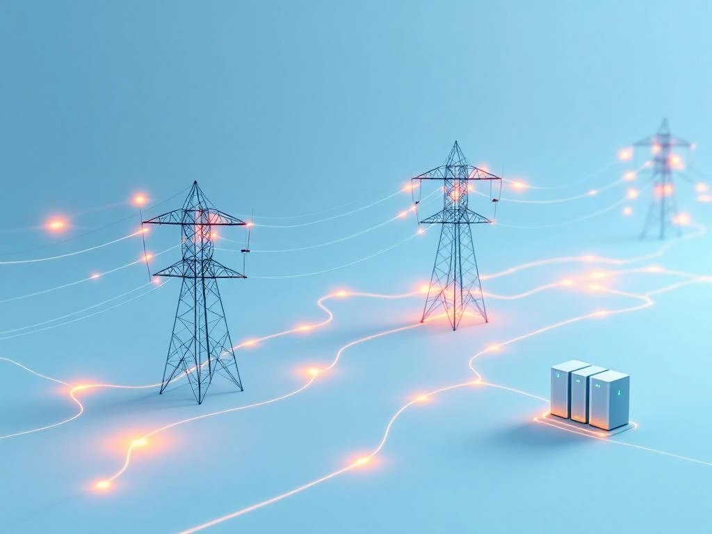 Elektrisch energienetwerk met transmissielijnen, batterijopslag en oranje waarschuwingsindicatoren bij knelpunten