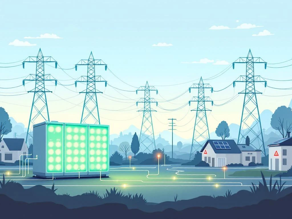 Elektrisch stroomnet met transmissiemasten en groene batterijopslag, zonnepanelen op daken, rode congestie-indicatoren