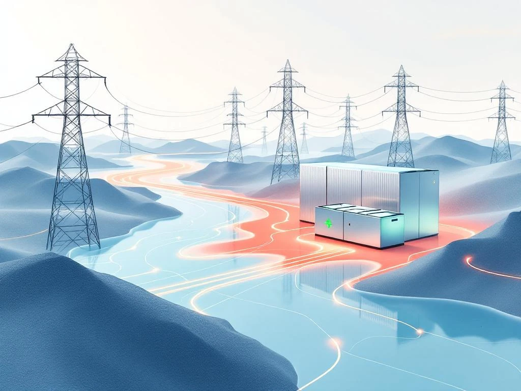 Elektrisch netwerk met congestiepunten in oranje-rood en batterijopslagsysteem als oplossing in groen en zilver