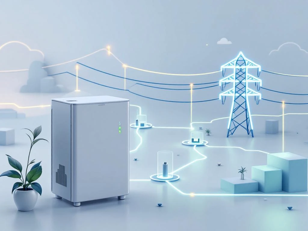 Batterijopslag unit voor elektrisch netwerk met energiestromen en congestiepunten in moderne digitale illustratie