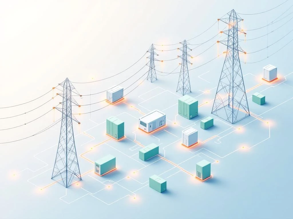 Elektrisch netwerk met transmissielijnen, oranje knelpunten en groene batterijopslag in blauw-witte tinten