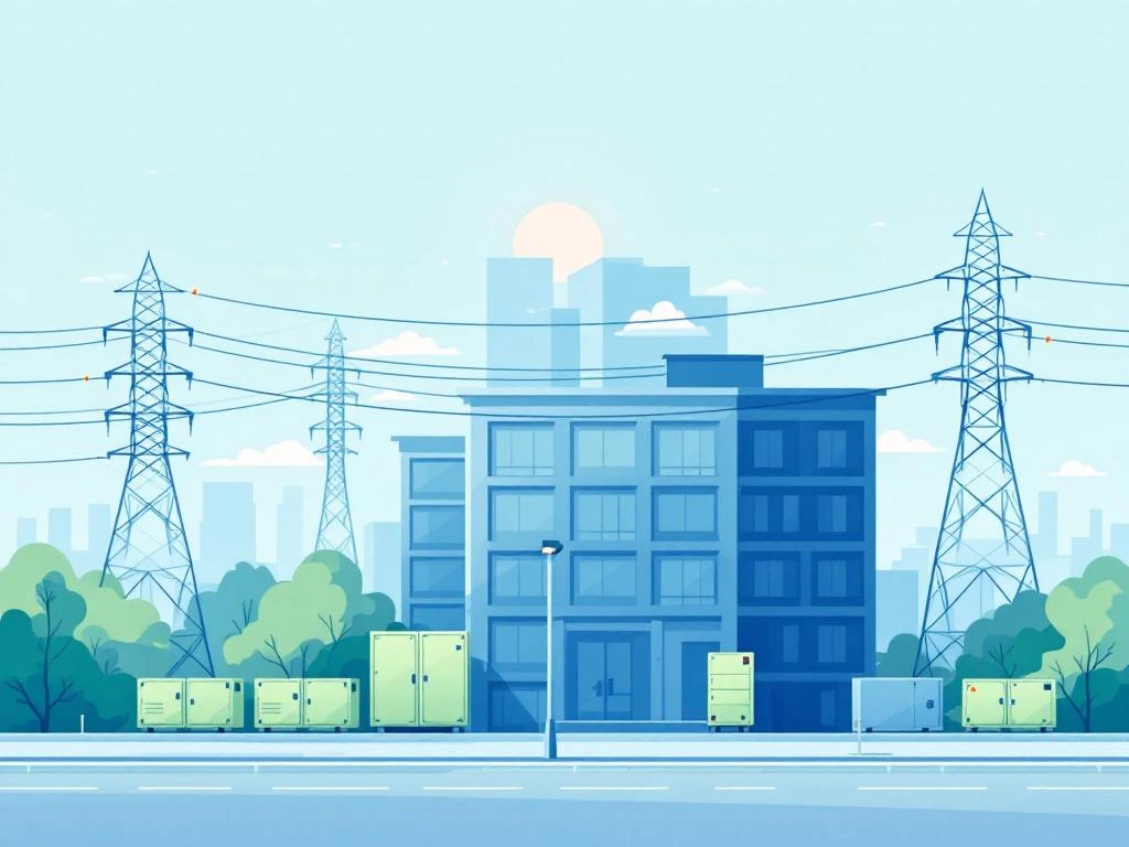 Modern kantoorgebouw met elektrisch netwerk en oranje congestie-indicatoren, groene batterij-opslagunits op voorgrond