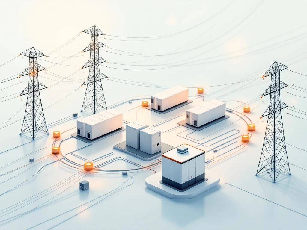 Elektrisch stroomnetwerk met transmissiemasten, batterijopslag en oranje gloeiende congestiepunten in blauw-groene tinten