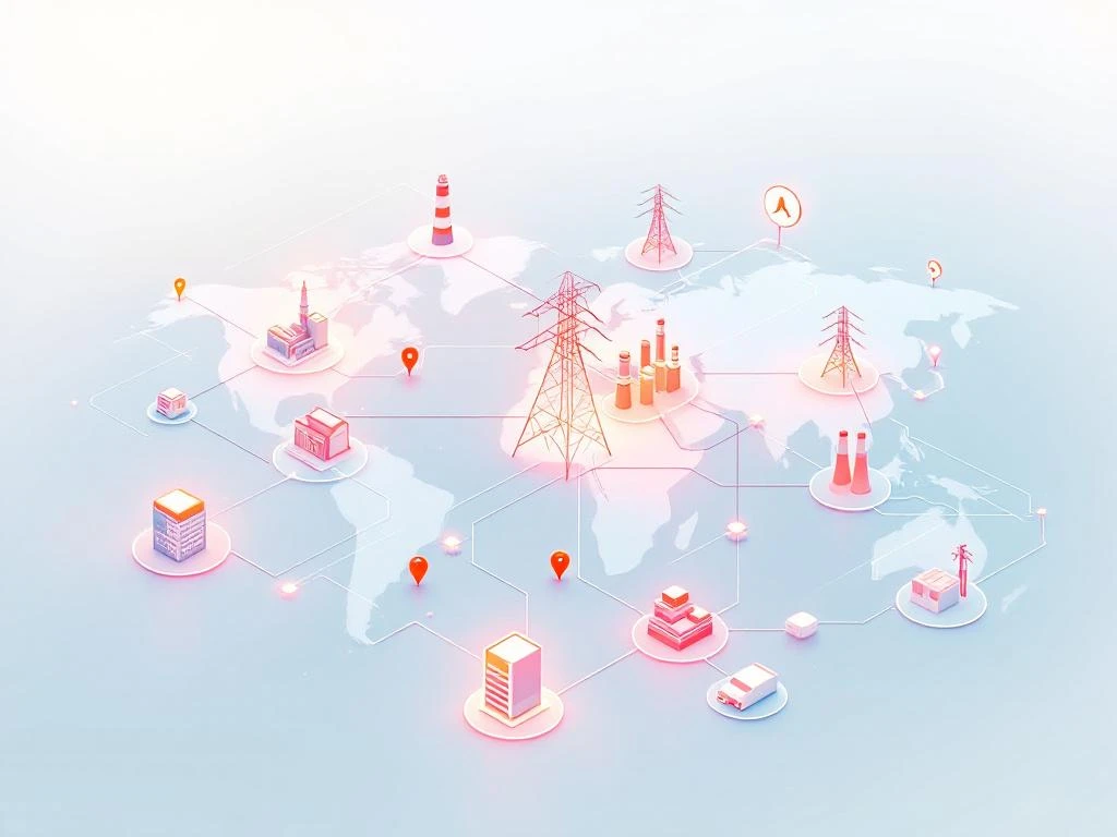 Elektrisch netwerk kaart met congestiepunten in rood-oranje, verbonden industriële faciliteiten en energiestroompatronen