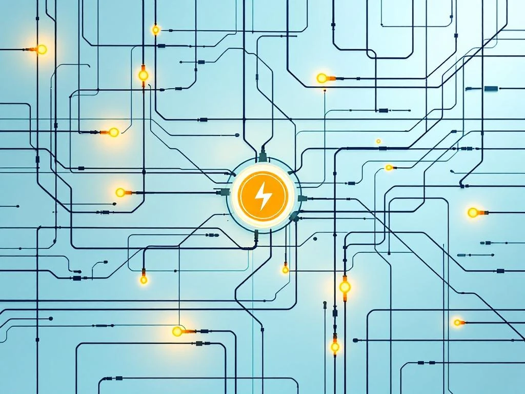 Moderne digitale illustratie van elektrisch netwerk met blauwe en groene tinten, gele accenten en batterij-iconen