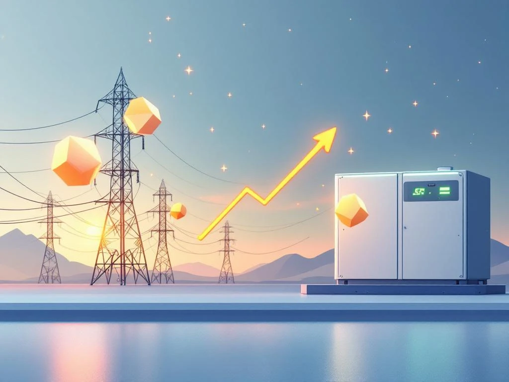Moderne industriële faciliteit met stroommasten en batterijopslag, met stijgende kosten weergegeven door geometrische vormen
