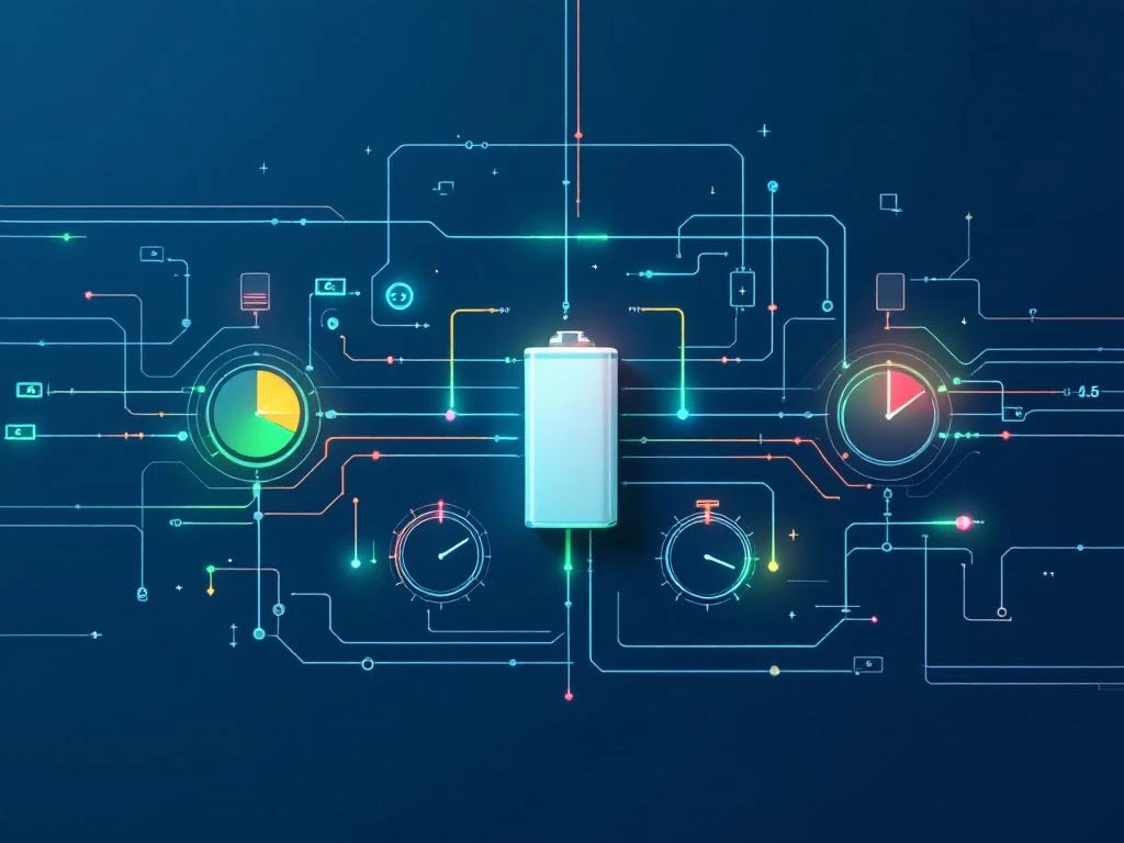 Batterij-energieopslagsysteem in wit en groen getoond naast overbelast elektrisch netwerk met transformatoren in blauwtinten
