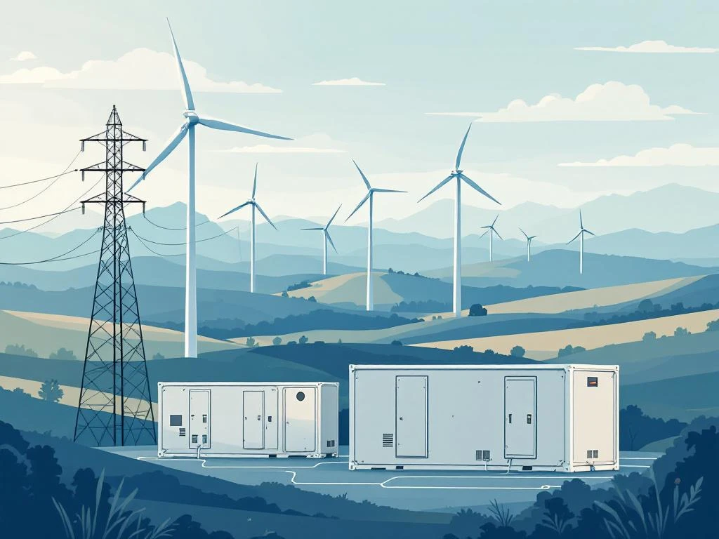 Windturbines verbonden met batterijopslag via elektriciteitsleidingen in rustig landschap bij ochtendlicht