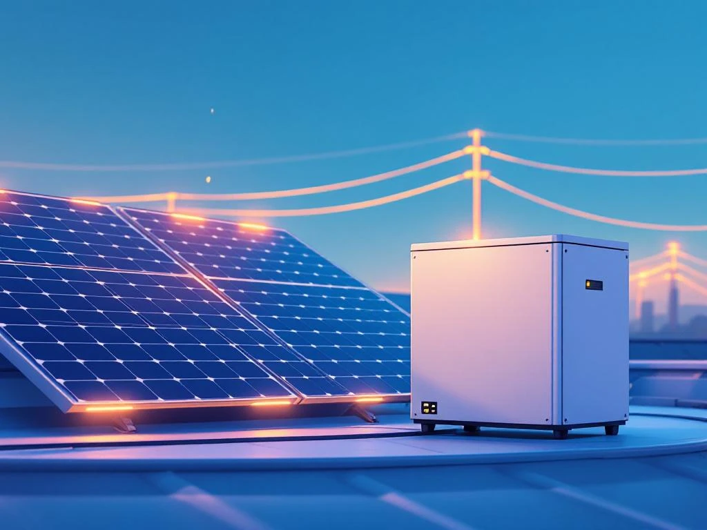 Zonnepanelen op dak met batterijopslag en energiestroomverbindingen in moderne blauwe en gele illustratie