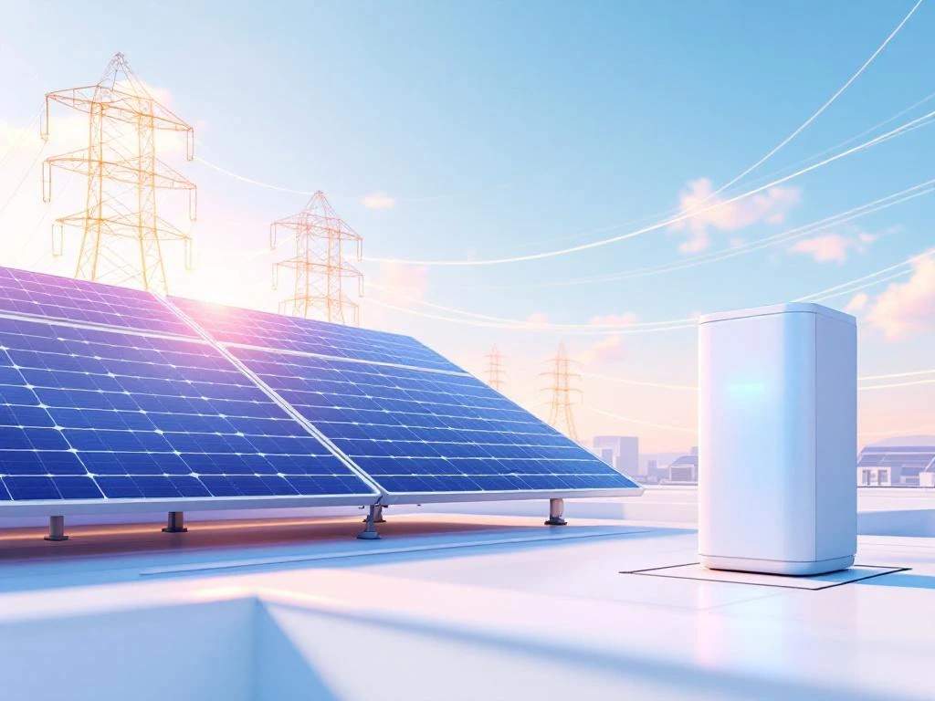 Moderne zonnepanelen op dak met batterijopslag systeem en elektriciteitsnet op achtergrond in minimalistische stijl